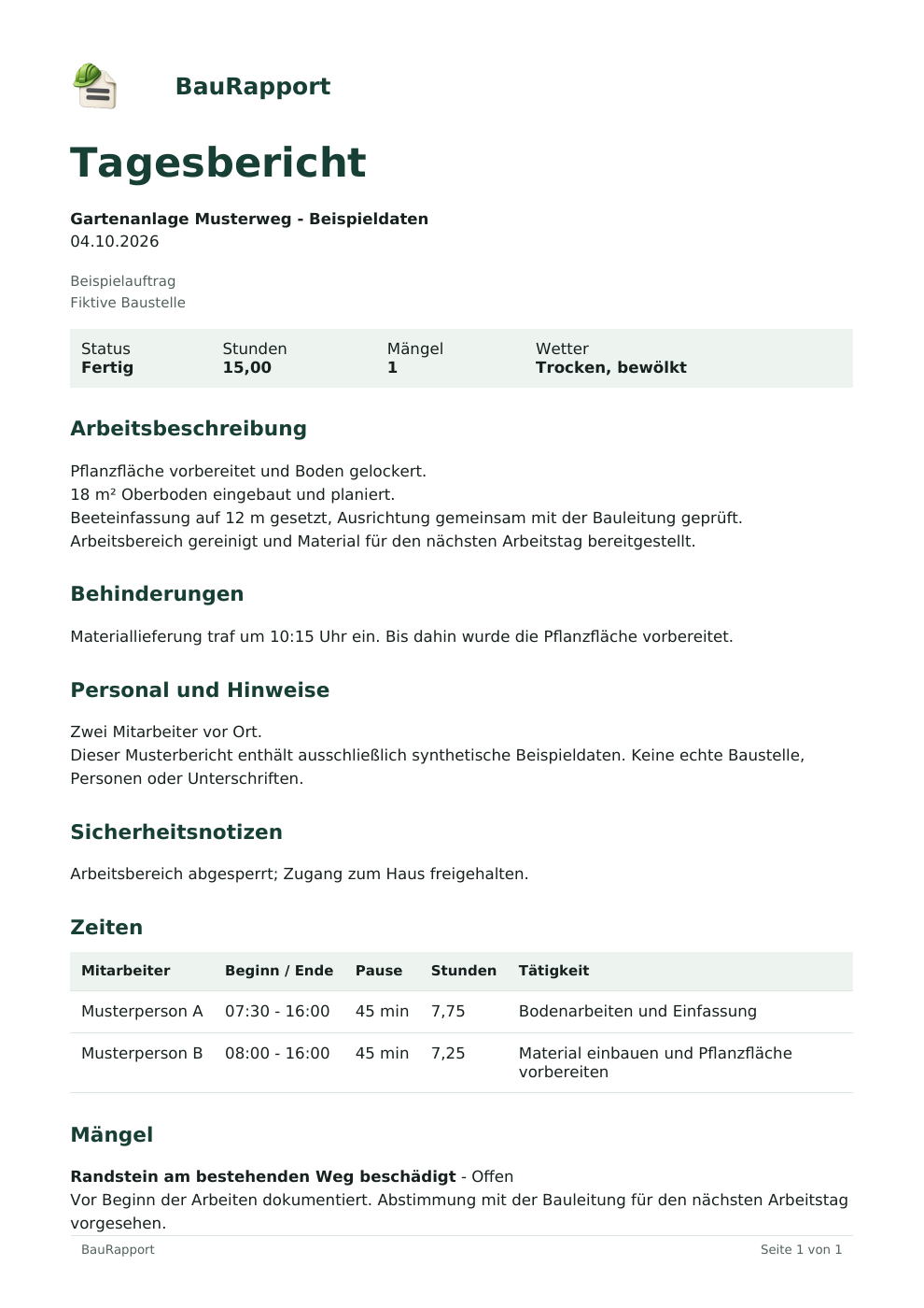 Beispielbericht mit Leistungen, Zeiten und einem Mangel