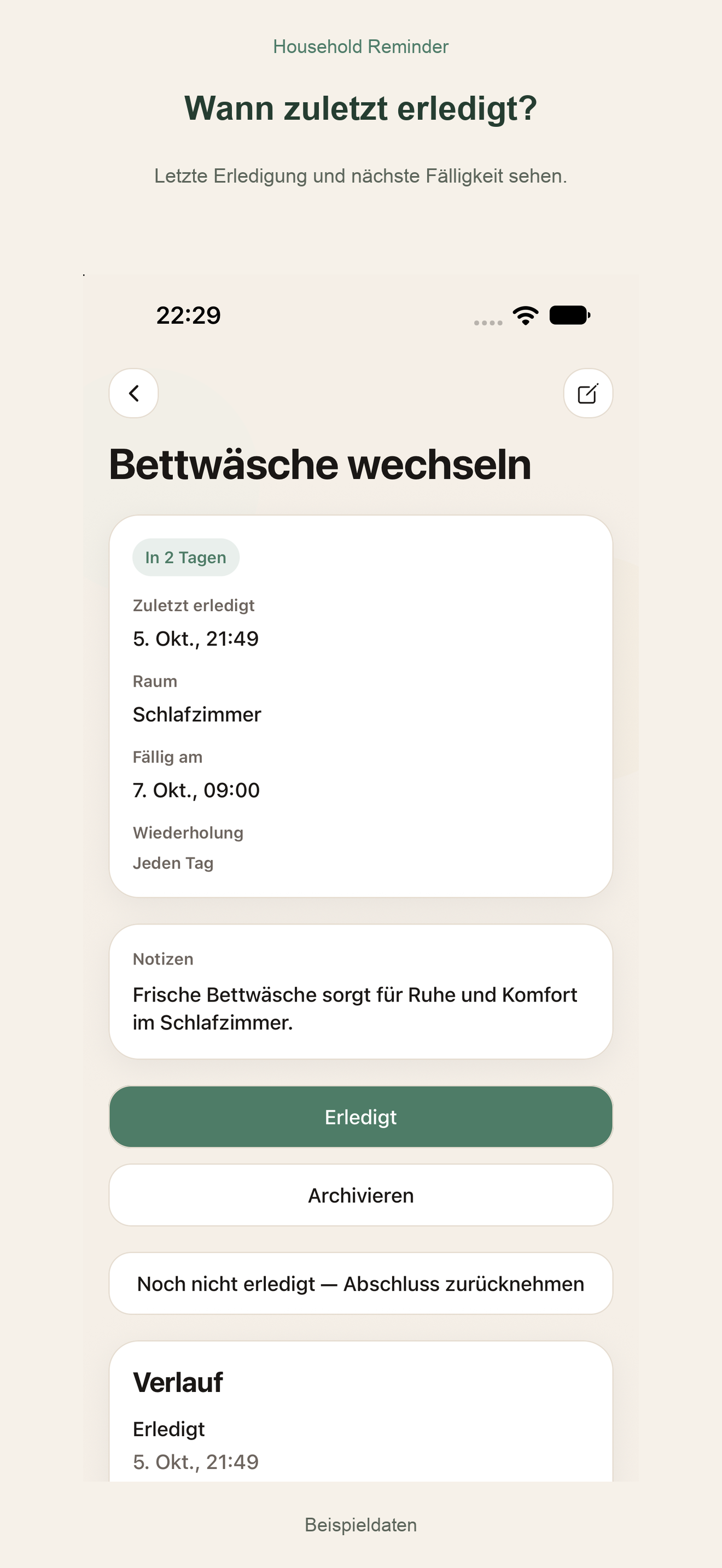 Household Reminder: Letzte Erledigung und nächste Fälligkeit