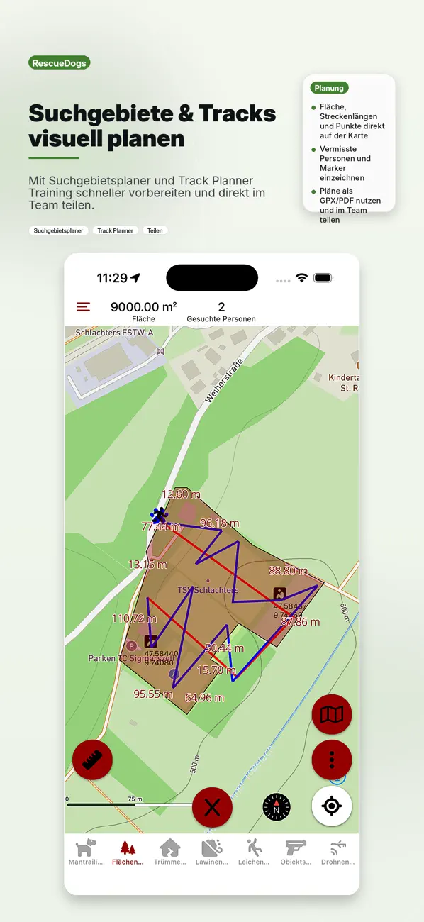 RescueDogs: Prepare search areas and tracks (German App Store image)
