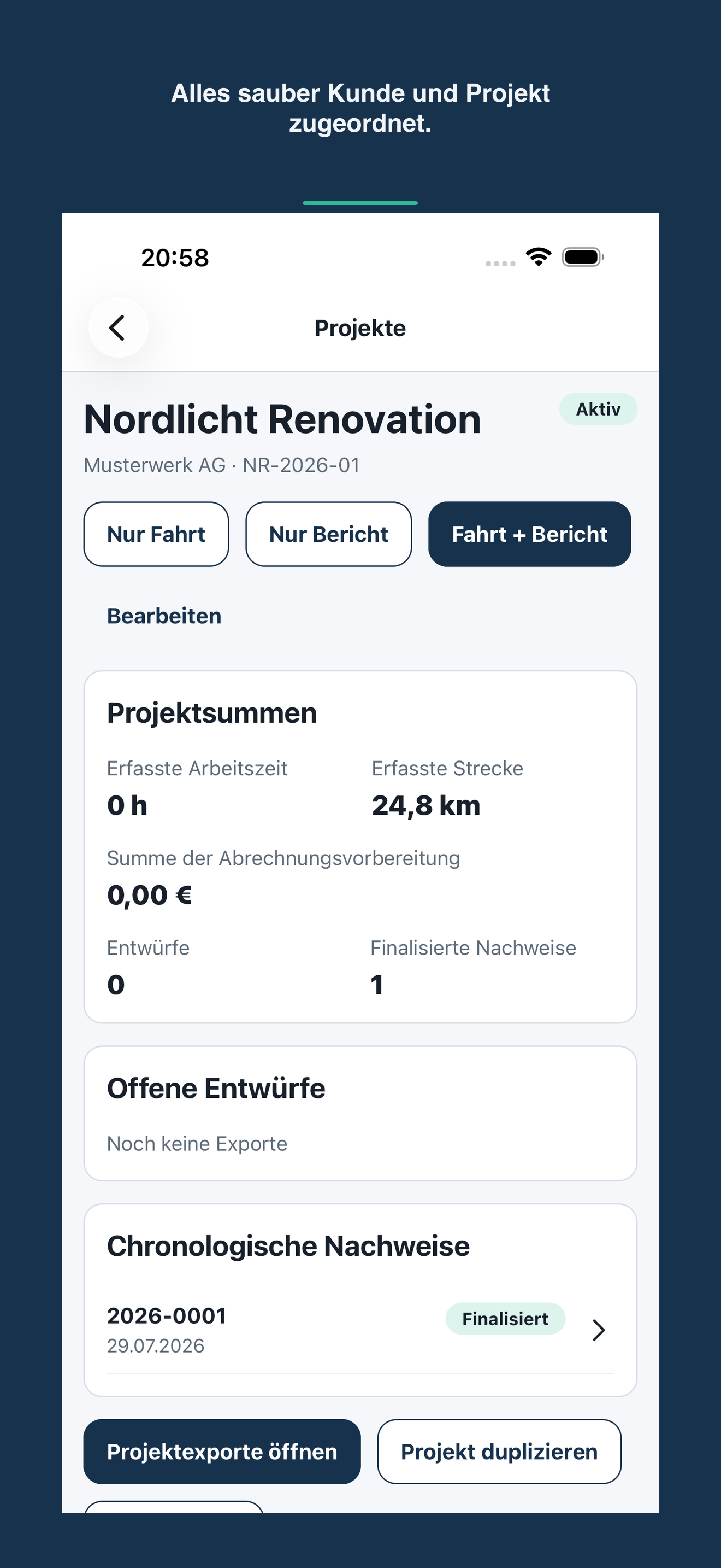 SoloRapport Projektdetails mit Fahrten und Berichten