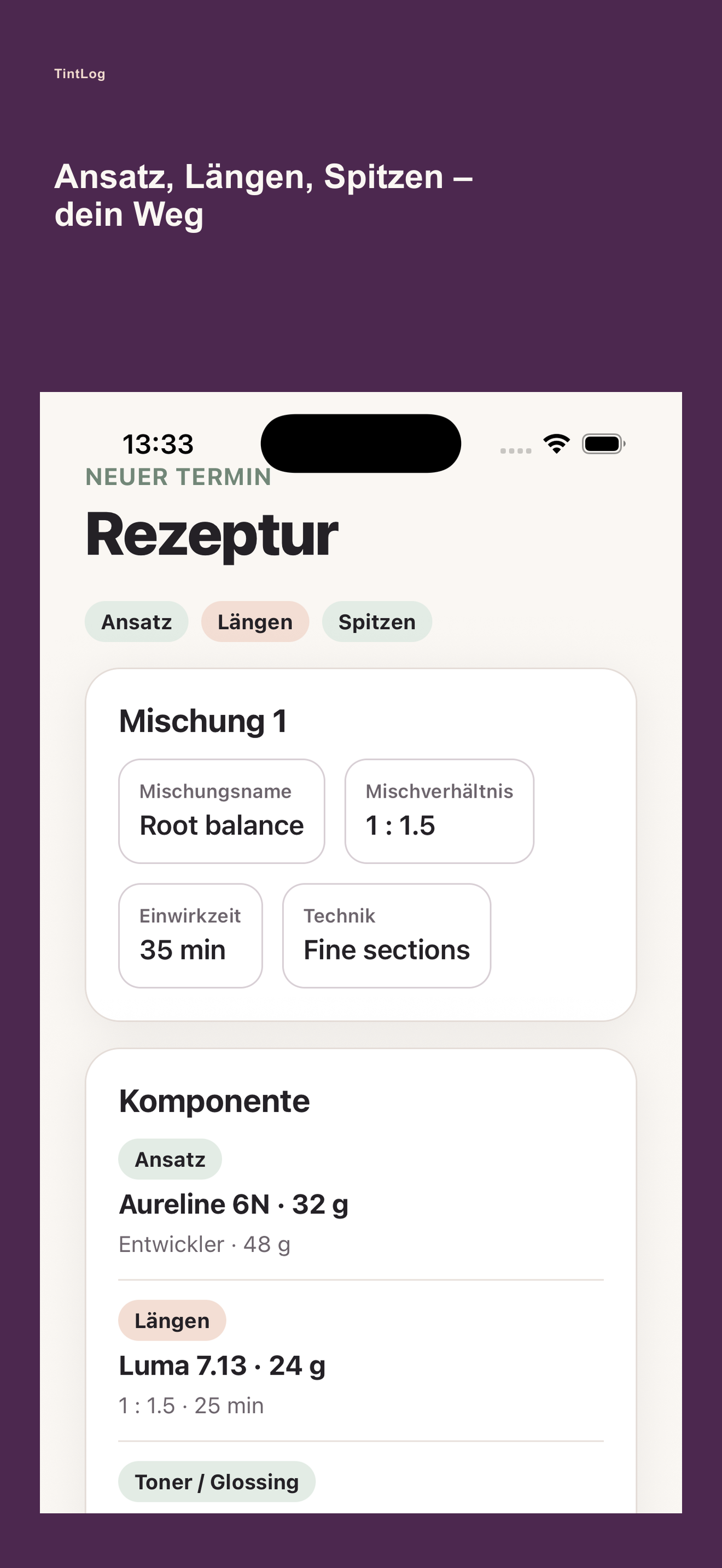 TintLog Rezeptur mit Zonen, Mischungen und Komponenten