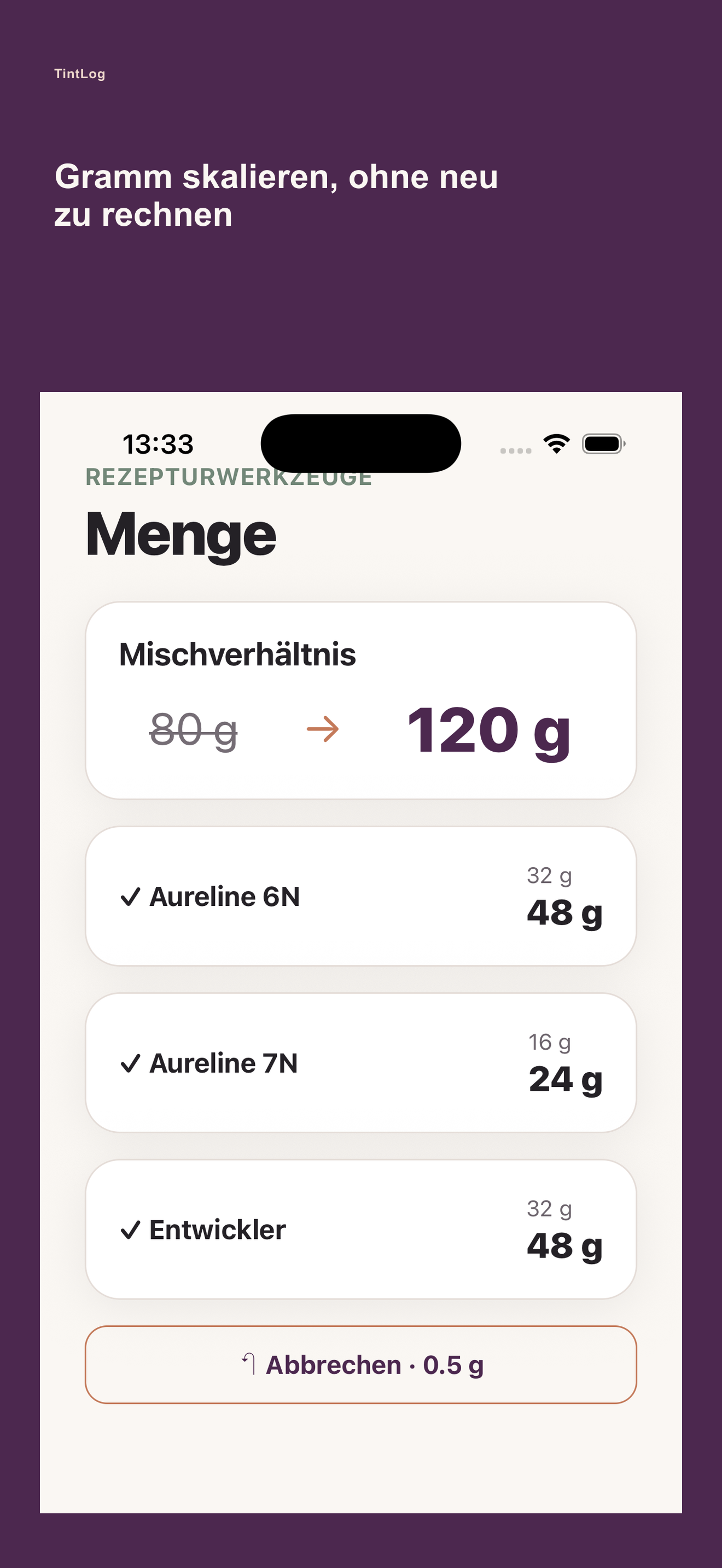TintLog skaliert kompatible Rezepturmengen