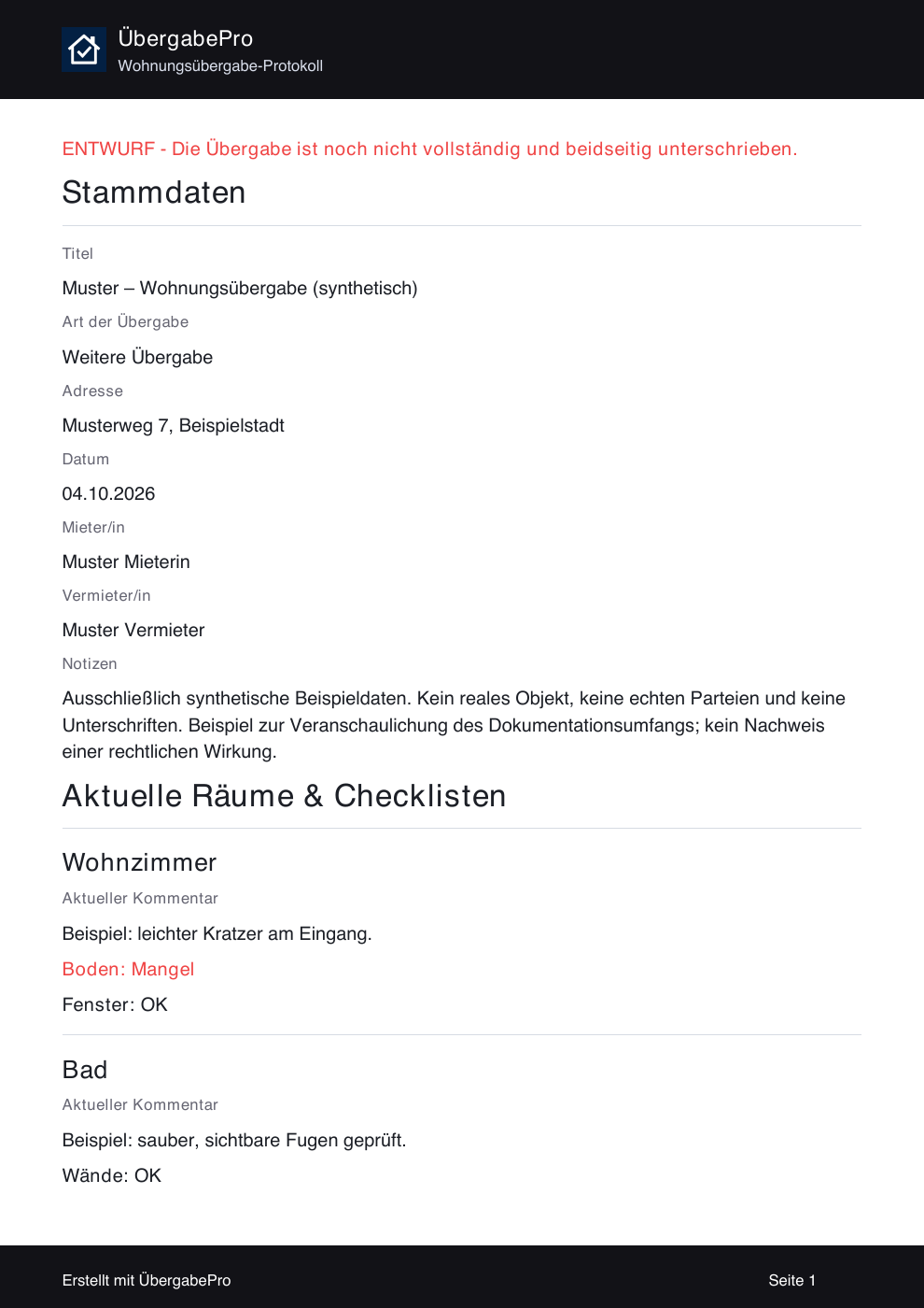 Berichtsvorschau mit fiktiven Raumzuständen